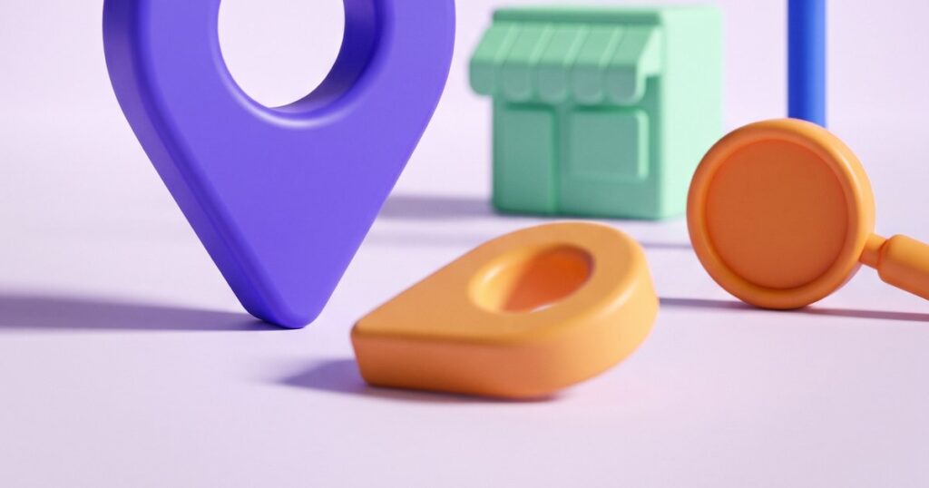 Google Haritalar'da görünmeyen işletmeyi anlatan görsel: mor 3B konum iğnesi, devrilmiş turuncu iğne, dükkan bloğu ve yön tabelası